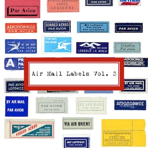 Luchtpostetiketten vol 3 afdrukbare vintage post kortstondige ongewenste dagboek collage blad kieskeurige bezuinigingen reizen souvenir internationale verzendkosten