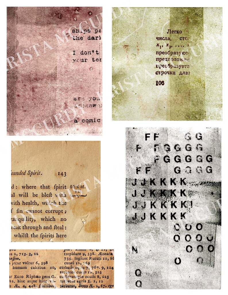 May include: A collage of four images. The top left image is a red and brown textured background with black text that reads "ships pass the dark I don't your tears be you a comic". The top right image is a green and white textured background with black text that reads "Легко числа, ... сто преобразуют предположен строчки дли 106". The bottom left image is a close-up of a page from a book with brown text. The bottom right image is a black and white image of a grid of letters and numbers. The letters are "F", "G", "J", "K", and "O".
