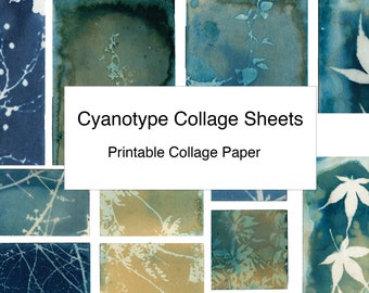 May include: Cyanotype Collage Sheets, Printable Collage Paper. A collage of blue and white cyanotype prints featuring various leaf and branch patterns.