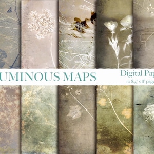 Digital Paper Pack LUMINOUS MAPS Printable Frühlingsgarten Junk Journal Seiten Scrapbook Papier, Botanische Collage Papiere Karten Reisen Nautisch