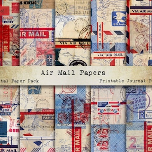 Feuilles de collage numérique, papiers AIR MAIL, cartes maîtresses de collage imprimables, journal indésirable, éphémères vintage, papier de scrapbooking téléchargement immédiat