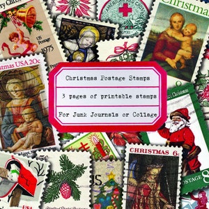 Afdrukbare kerstverzending, vintage USPS kerstzegels en zegels, collagevoer, junk journal ephemera