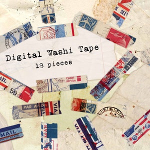 Cinta washi digital, papeles para correo aéreo, tiras washi imprimibles, tiras de collage, hojas de collage, efímeras, diario basura, clip art, papel vintage