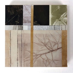 Original Botanical Collage on Wood Panel 8 x 8 GRADED LEAFPRINT Monoprint Cyanotype Artwork