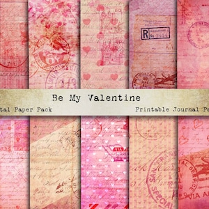 BE MY VALENTINE Digital Paper Pack, Junk Journal Printable, Hearts, Love Notes, Collage Sheets, Pink Travel Masterboards