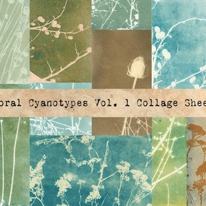 Feuilles de collage imprimables, paquet de papier numérique, art floral cyanotypé, éphémères pour carnet de voyage botanique, découpage, clipart, scrapbooking