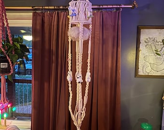 Vintage 1970’s Carousel Macrame Hanging Planter - 5 feet - Ceramic Rocking Horses & Bears