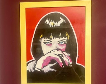 May include: A framed painting of a woman with black hair and dark eyes. She is wearing a black shirt and has her hands clasped in front of her. The background is a bright red.