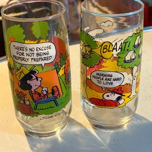 Vintage 1960’s Camp Snoopy Glasses - Lot of (2) McDonald&#39;s Morning People are Hard to Love & No Excuse