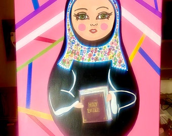 Original Nesting Doll Acrylic Painting 16x20 - Nun