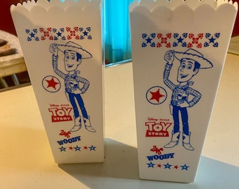 Vintage 1995 Toy Story Popcorn Bucket Plastic Cup Woody Buzz Lightyear 7.5" Kids Disney Pixar Lot of (2)