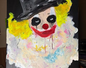 Large Original Clown Acrylic Painting - Finger Painting - 20x24 - Sad Clown