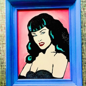 Original Bettie Page Acrylic & Glitter Pop Art Painting 19.5 x 15.5”