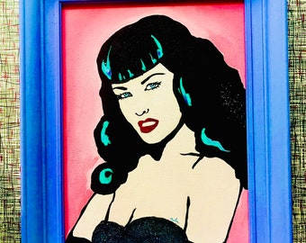 Original Bettie Page Acrylic & Glitter Pop Art Painting 19.5 x 15.5”