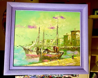 Original Acrylic & Oil Ship Painting - Sail 25x29” Framed