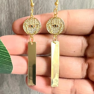 Gold Hamsa Hand Earrings – 24K Gold Plated Dangle Earrings, Spiritual Protection Jewelry, Boho Chic Crystal Drop Earrings, Gift for Her
