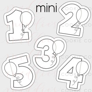 May include: Five cookie cutters in the shape of numbers 1, 2, 3, 4, and 5. Each number has a balloon attached to it. The cookie cutters are white and outlined in black. The word "mini" is written in black at the top of the image.