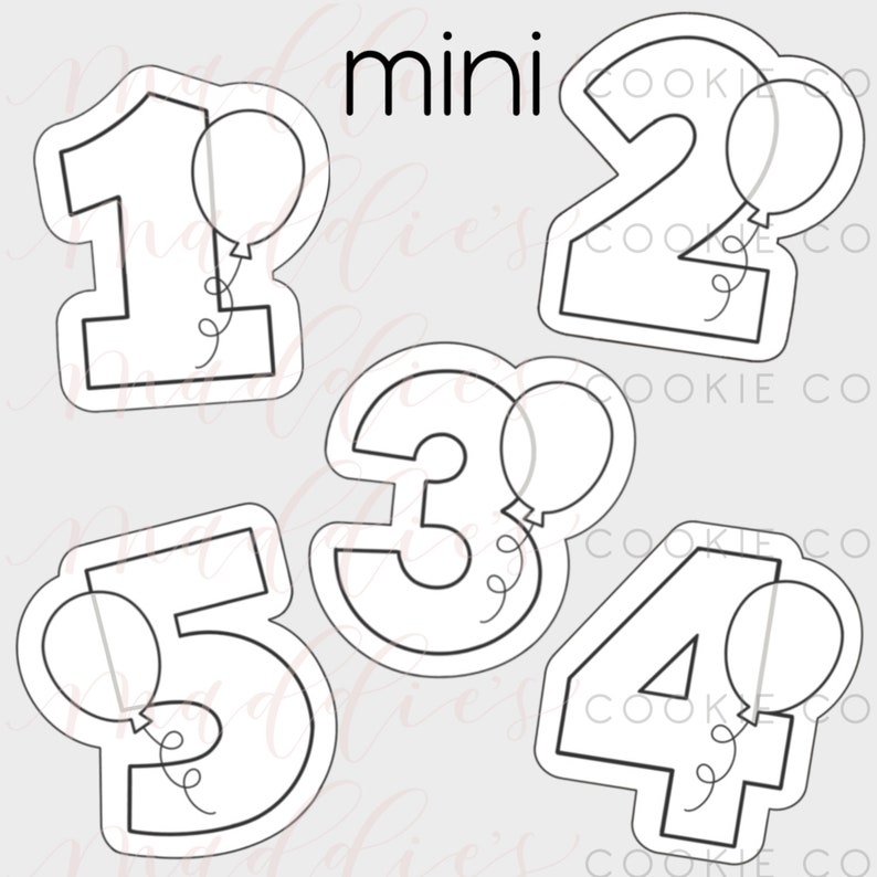 May include: Five cookie cutters in the shape of numbers 1, 2, 3, 4, and 5. Each number has a balloon attached to it. The cookie cutters are white and outlined in black. The word "mini" is written in black at the top of the image.