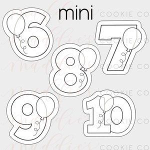 May include: Black and white outline cookie cutters shaped like the numbers 6, 7, 8, 9, and 10. Each number has a balloon attached to it.
