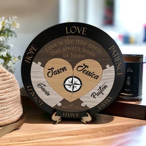 May include: A round wooden sign with a black background and a compass design in the center. The sign is divided into two halves, each with a heart shape and the names "Jason" and "Jessica" written inside. The sign also includes the words "Love is the true north that always leads us home" and the words "Hope, Loyalty, Love, Faith, Trust, Patience" around the edge. The sign is on a wooden stand.