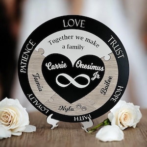 May include: A round wooden plaque with a black border and a white center. The plaque is divided into six sections, each with a different word: Love, Trust, Patience, Loyalty, Faith, and Hope. The center of the plaque features a black heart with a white infinity symbol and the names Carrie and Onesimus Jr. The plaque also includes the names Tamia, Nyla, and Bailee.
