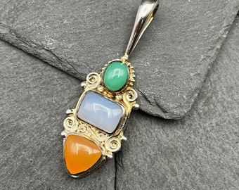 Vintage Sajen Pendant Jade, Carnelian and Chalcedony with Sterling Silver