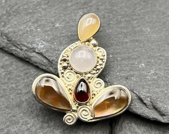 Vintage Sajen Pendant Woman in Sacred Pose, Garnet, Rose Quartz, Carnelian, Sterling Silver