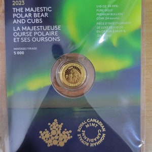 2023 Canada 1/10 oz. 99.99% Pure Gold Coin: The Majestic Polar Bear and Cubs (Premium Bullion)