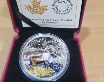 2014 Canada 1 Oz Silver Coin- The Caribou Painted and Engraved