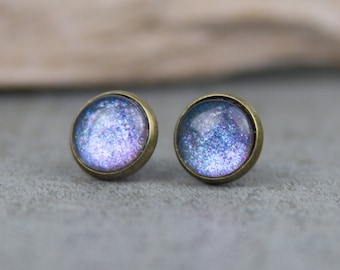 Iridescent Blue Purple Stud Earrings - Hand Painted Earrings, 10mm