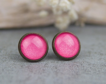 Pink stud earrings - hand-painted earrings 12 mm