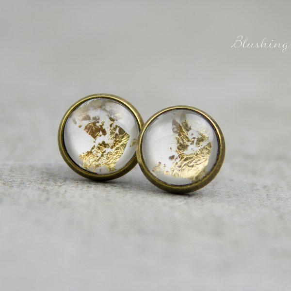 Stud earrings - White with gold leaf, 10 mm/ hand painted studs