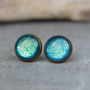 Turquoise Glitter Stud Earrings Spirit of India 12 mm / Hand Painted Minimalist Earrings image 1