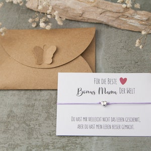 Geschenk für die beste Bonus Mama der Welt zum Muttertag & Geburtstag, Herz Armband mit Karte Stiefmutter