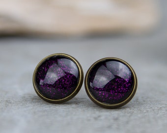 Black Purple Stud Earrings "Nebula" 12 mm - simple hand-painted earrings
