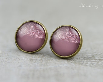 Mauve with glitter stud earrings 12 mm - hand painted minimalist earrings