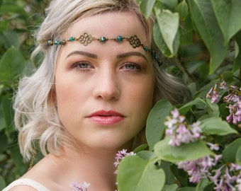 Haarband, Tiara, Circlet - 'Maylea' , Farben Blau, Emerald / Mittelalter, Festival, Brautschmuck, Boho Style, Fotoshootings, Elfe, Celtic