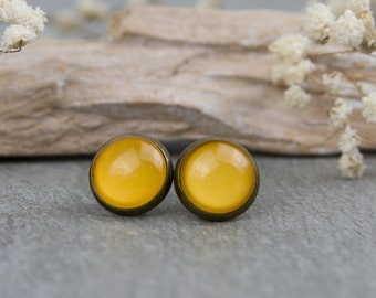 Ocher yellow stud earrings, 12 mm, hand painted minimalist earrings