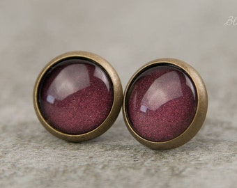 Dark red / violet - earrings with shimmer, 10 mm, hand-painted, minimalist earrings