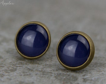 Earrings in dark blue, 10 mm / hand-painted minimalist earrings
