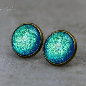 Turquoise Glitter Stud Earrings Spirit of India 12 mm / Hand Painted Minimalist Earrings image 6