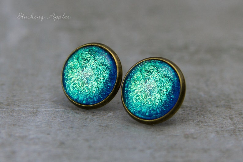 Turquoise Glitter Stud Earrings Spirit of India 12 mm / Hand Painted Minimalist Earrings image 6