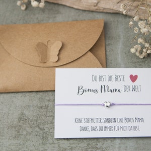 Geschenk für die beste Bonus Mama der Welt zum Muttertag & Geburtstag, Herz Armband mit Karte