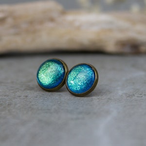 Turquoise Glitter Stud Earrings Spirit of India 12 mm / Hand Painted Minimalist Earrings image 4