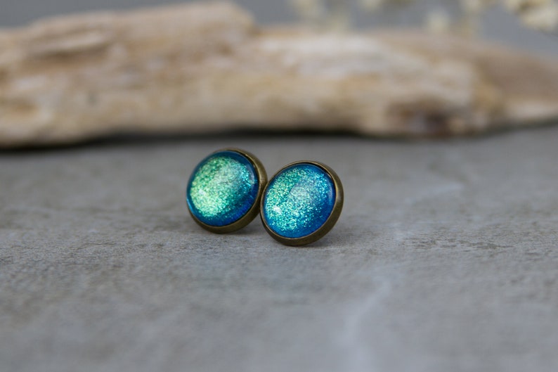 Turquoise Glitter Stud Earrings Spirit of India 12 mm / Hand Painted Minimalist Earrings image 4