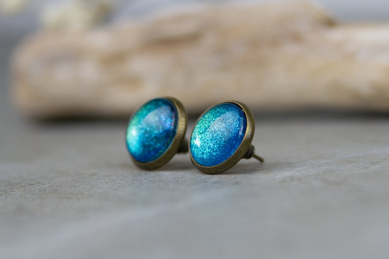 Turquoise Glitter Stud Earrings Spirit of India 12 mm / Hand Painted Minimalist Earrings image 2