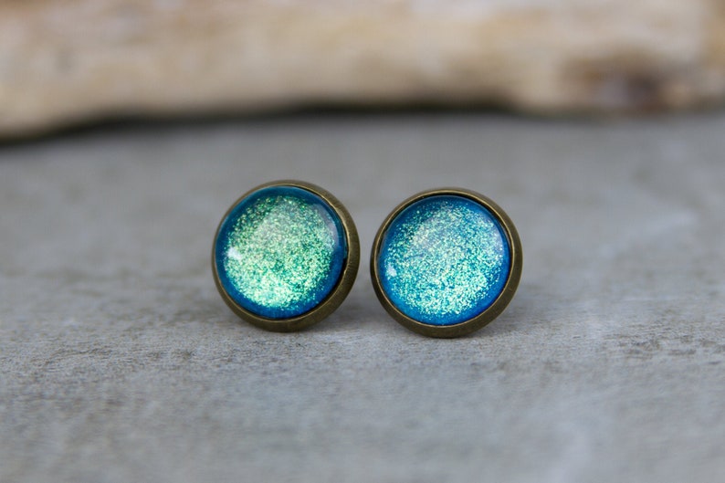 Turquoise Glitter Stud Earrings Spirit of India 12 mm / Hand Painted Minimalist Earrings image 1