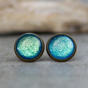 Turquoise Glitter Stud Earrings Spirit of India 12 mm / Hand Painted Minimalist Earrings image 3