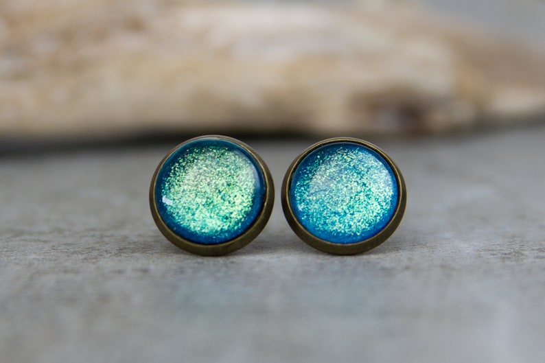 Turquoise Glitter Stud Earrings Spirit of India 12 mm / Hand Painted Minimalist Earrings image 3