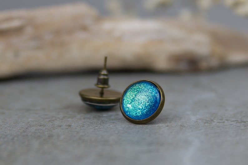 Turquoise Glitter Stud Earrings Spirit of India 12 mm / Hand Painted Minimalist Earrings image 5